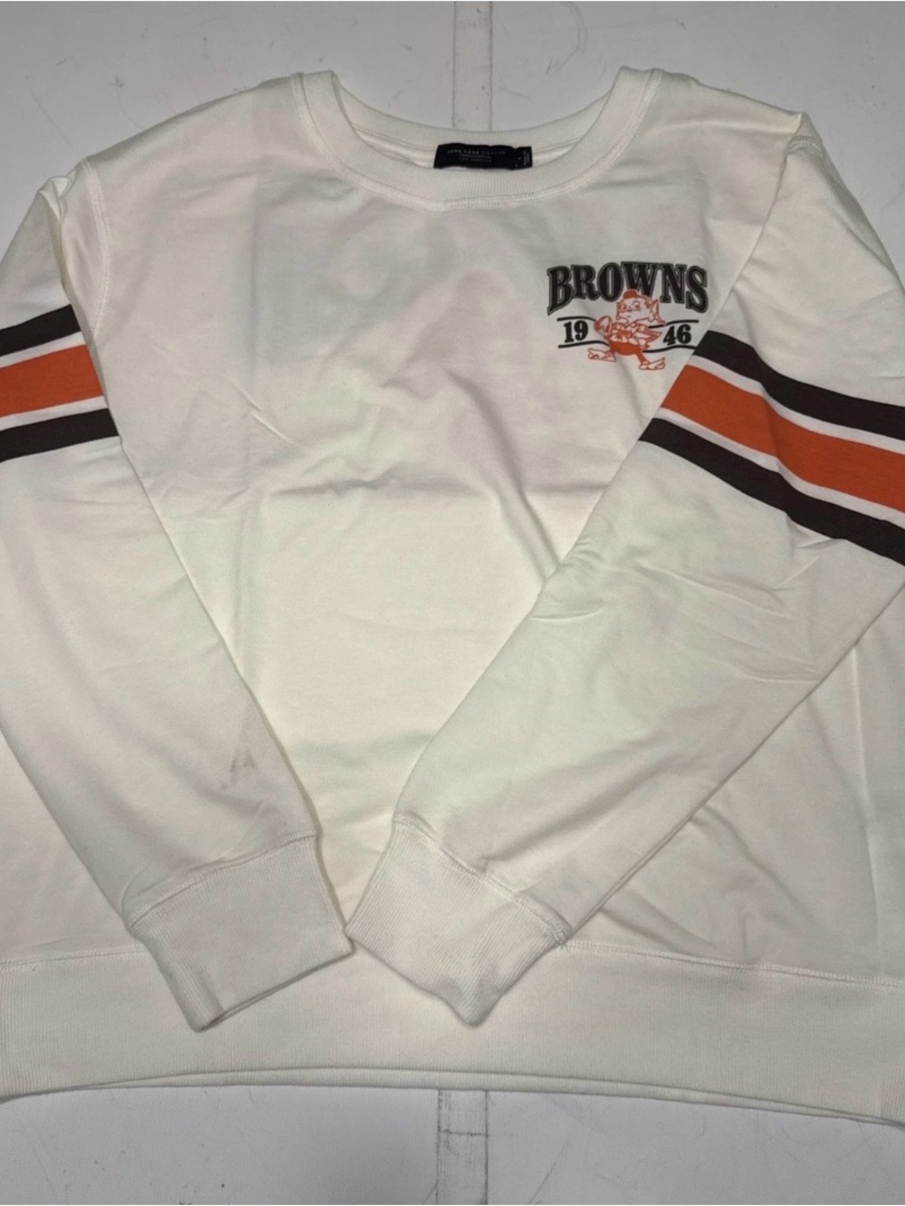 Junk Food Clothing White Crewneck Sweatshirt with Orange & Brown Stripes